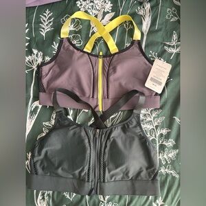 Fabletics Set of 2 High Impact Sports Bra Gray with Yellow trim and Hunter Green